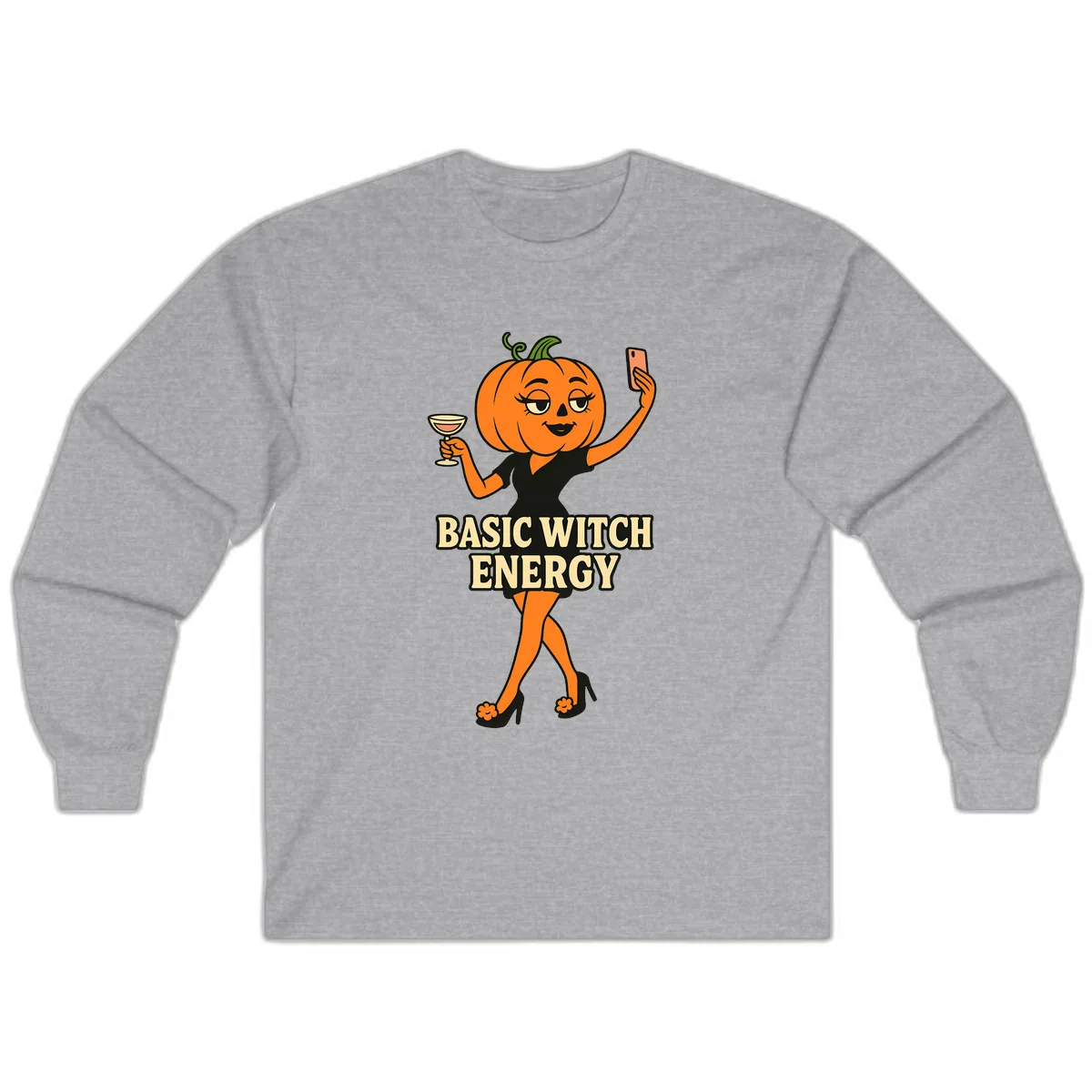 Basic Witch Energy Pumpkin Halloween Long Sleeve in Sport Grey