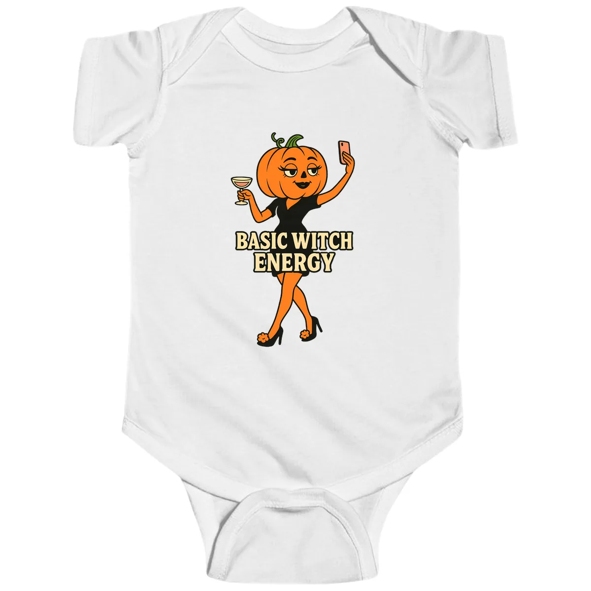 Basic Witch Energy Pumpkin Halloween Baby Onesie in White