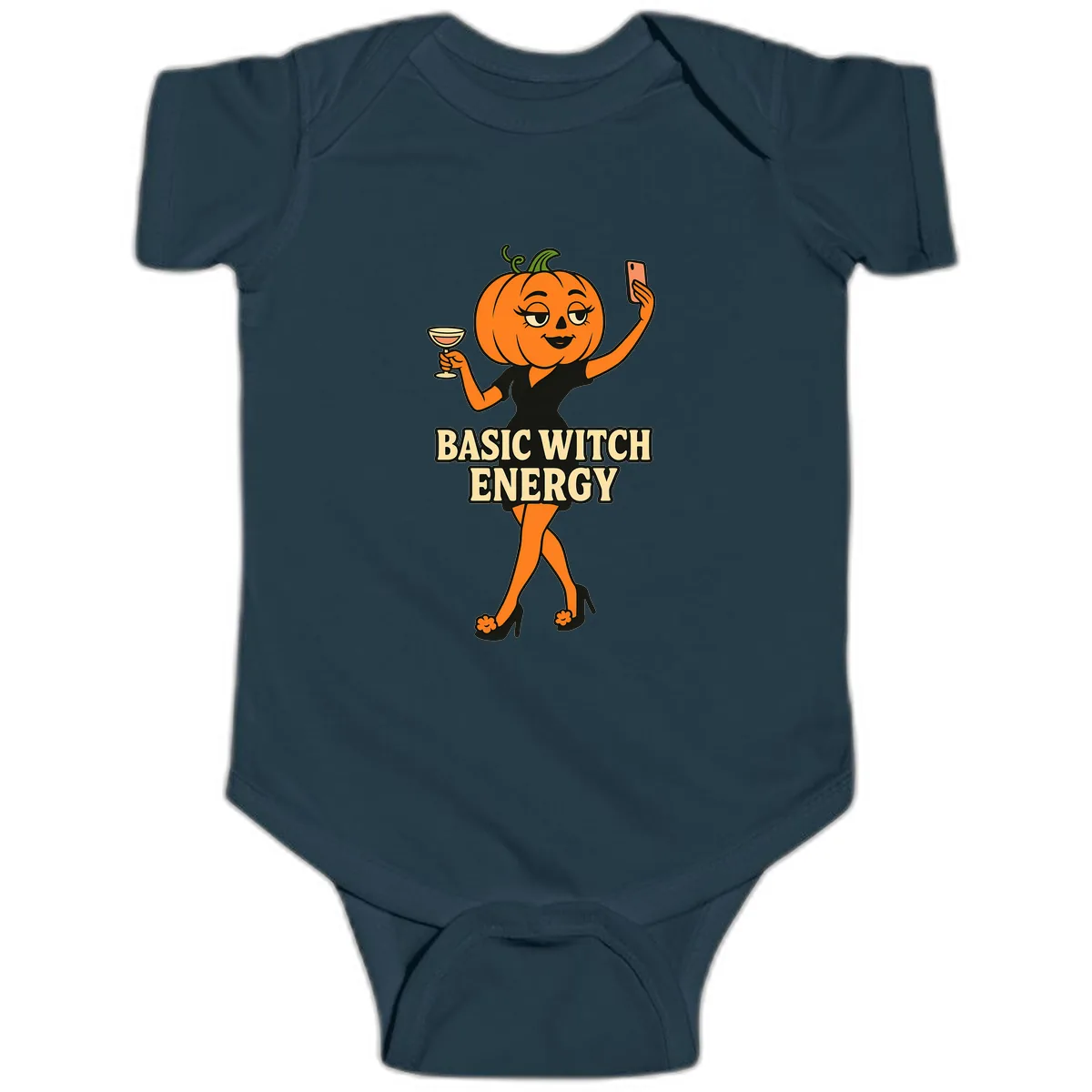 Basic Witch Energy Pumpkin Halloween Baby Onesie in Navy