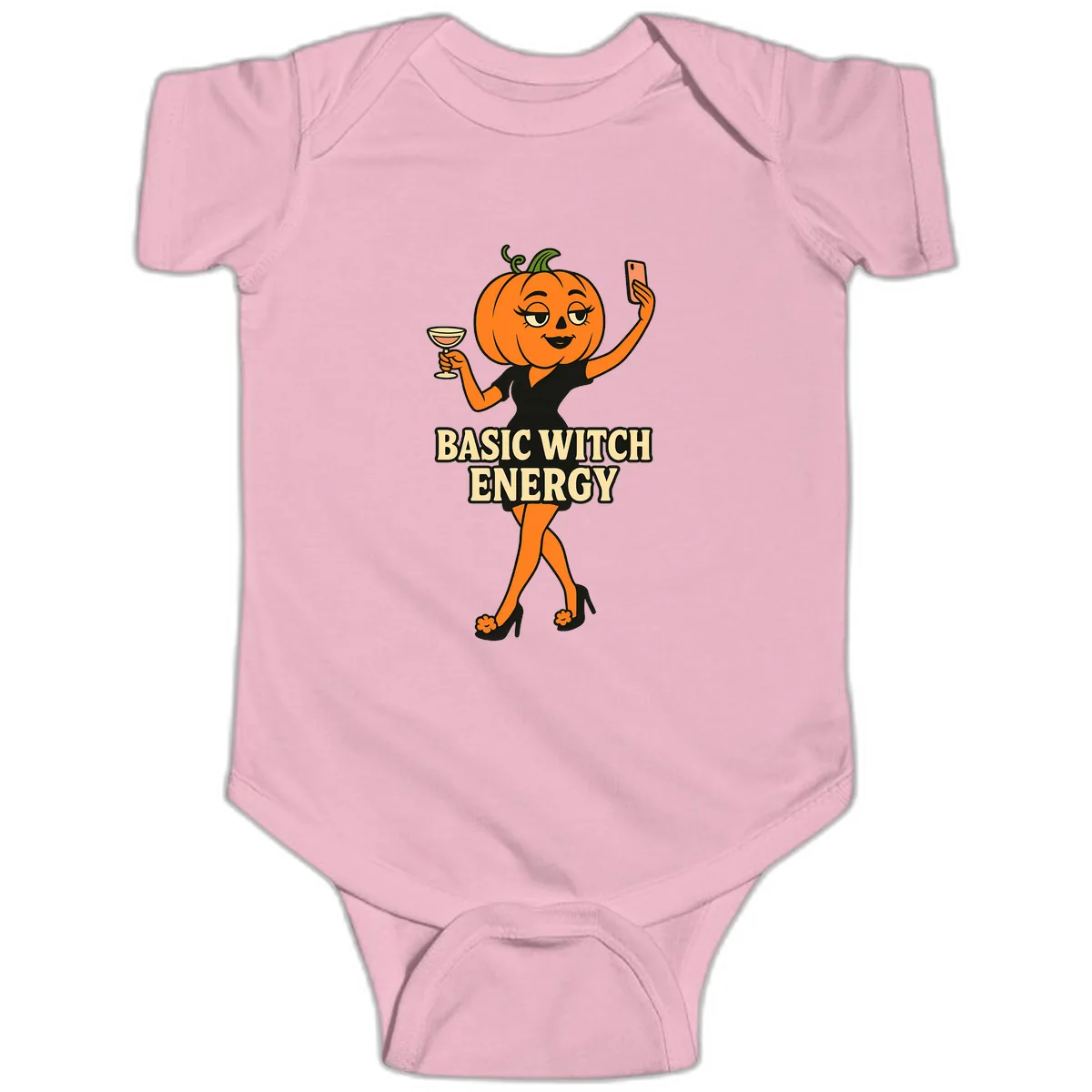 Basic Witch Energy Pumpkin Halloween Baby Onesie in Pink