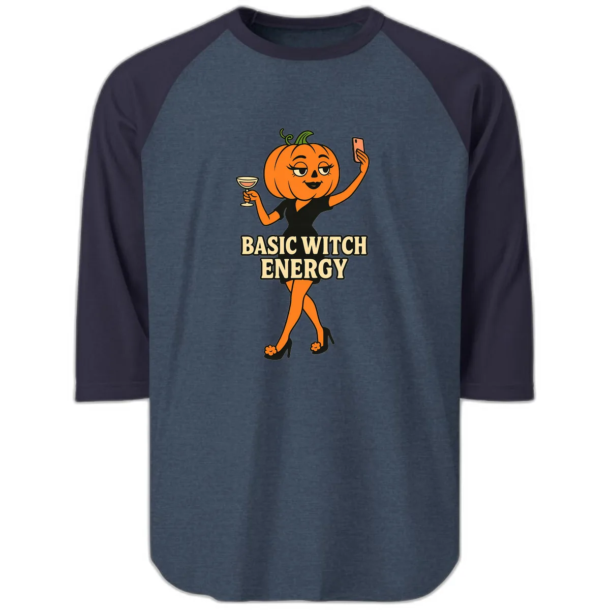 Basic Witch Energy Pumpkin Halloween Raglan 3/4 in Heather Denim Navy