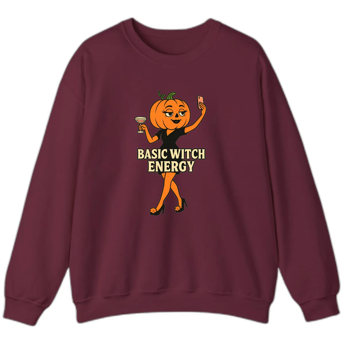 Basic Witch Energy Pumpkin Halloween Sweatshirt in Maroon