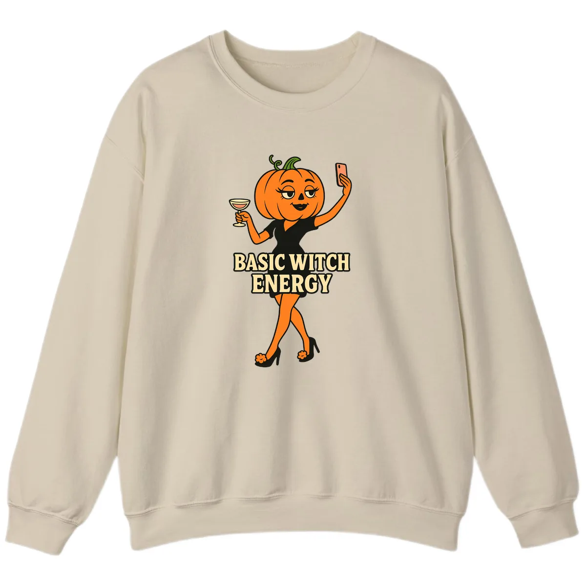 Basic Witch Energy Pumpkin Halloween Sweatshirt in Sand