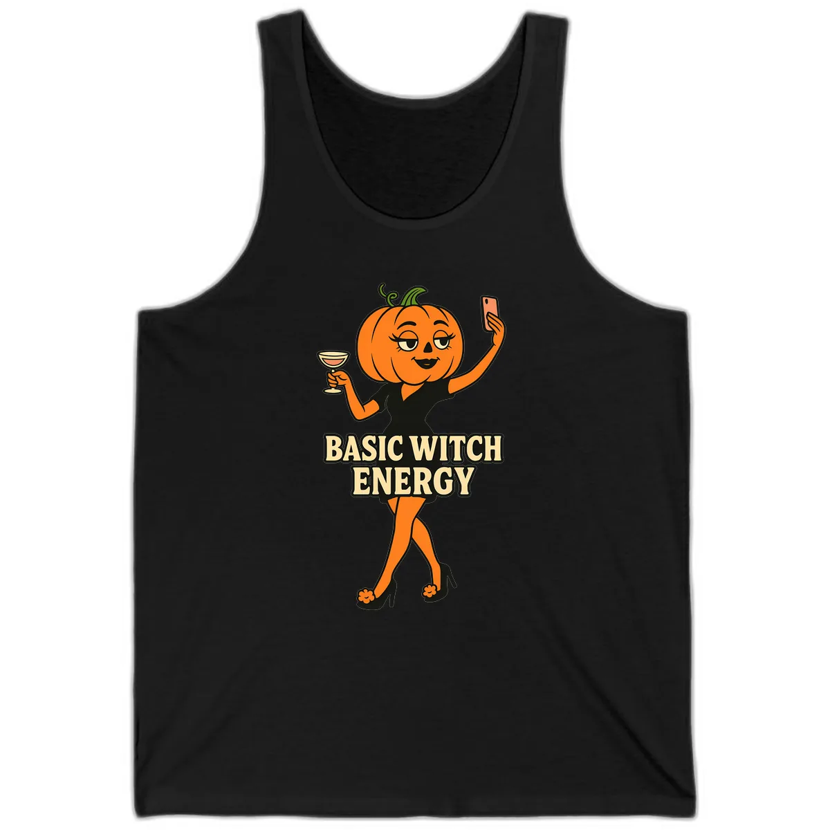 Basic Witch Energy Pumpkin Halloween Tank in Black