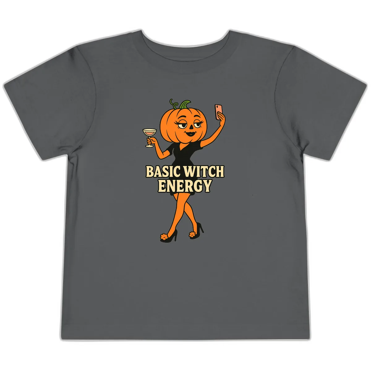 Basic Witch Energy Pumpkin Halloween Toddler T-Shirt in Asphalt