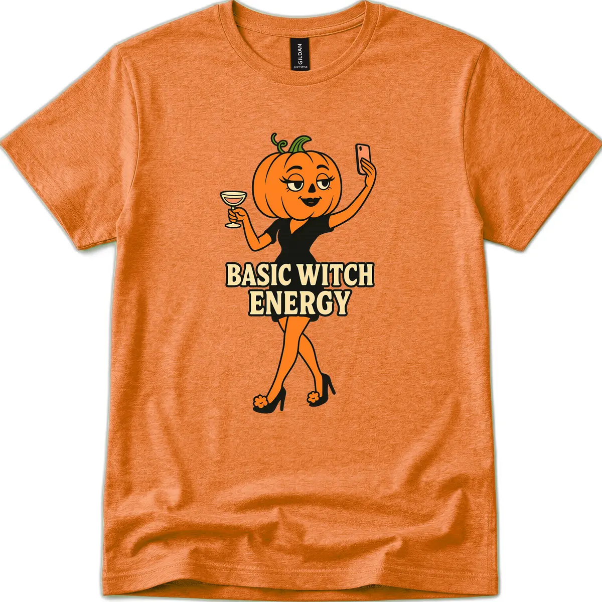 Basic Witch Energy Pumpkin Halloween T-Shirt in Heather Orange