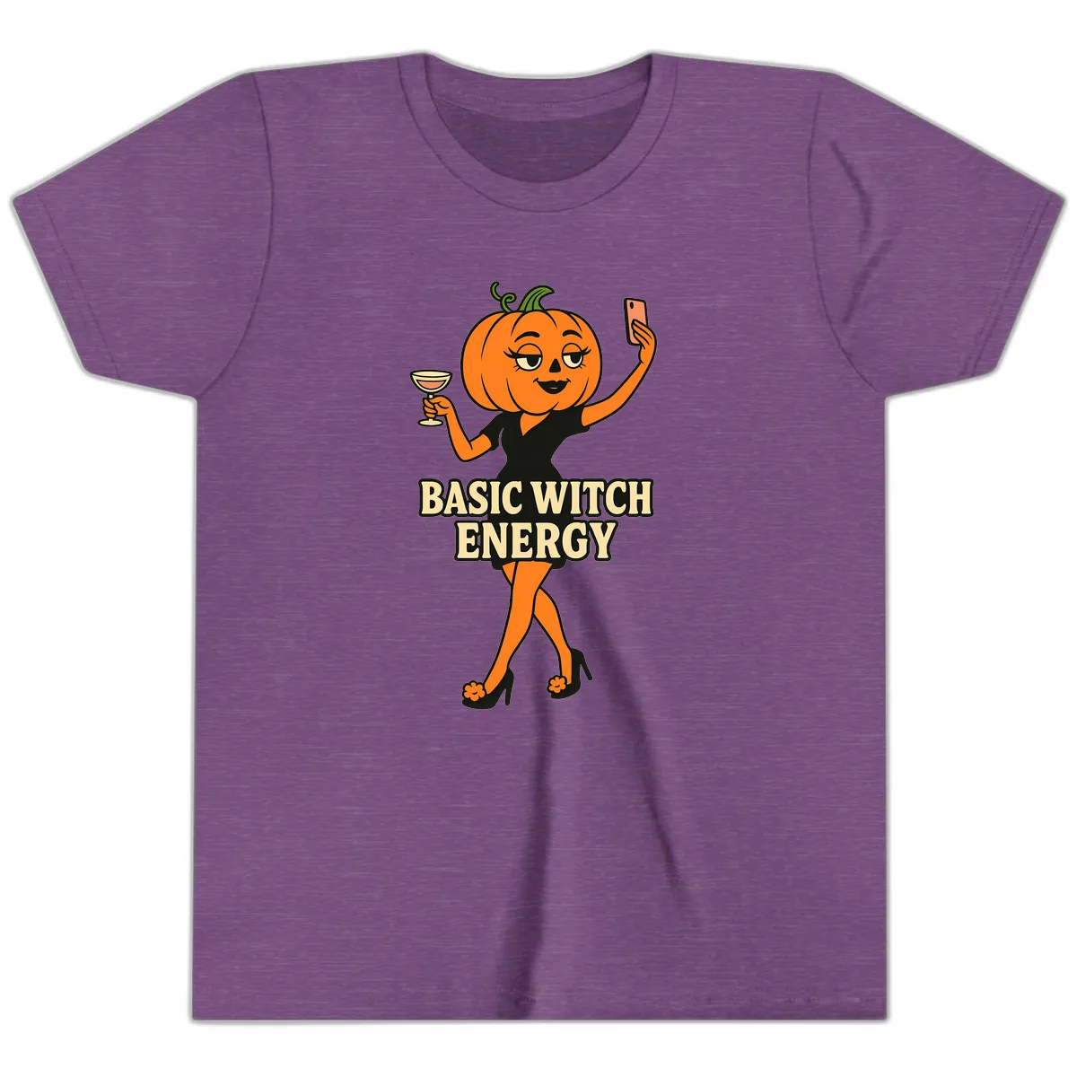 Basic Witch Energy Pumpkin Halloween Youth T-Shirt in Heather Team Purple