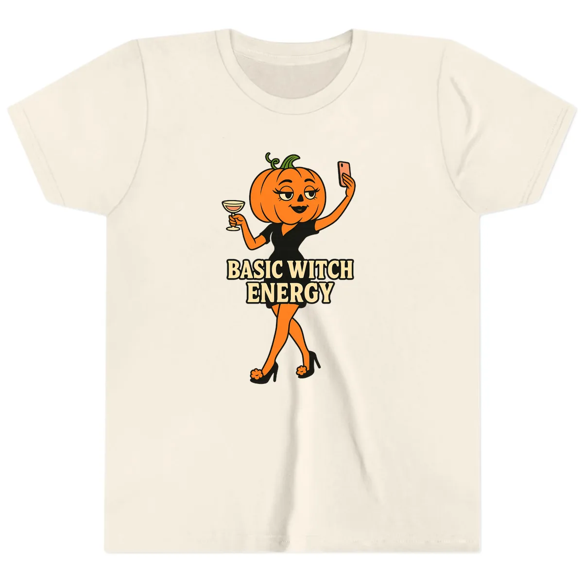 Basic Witch Energy Pumpkin Halloween Youth T-Shirt in Natural