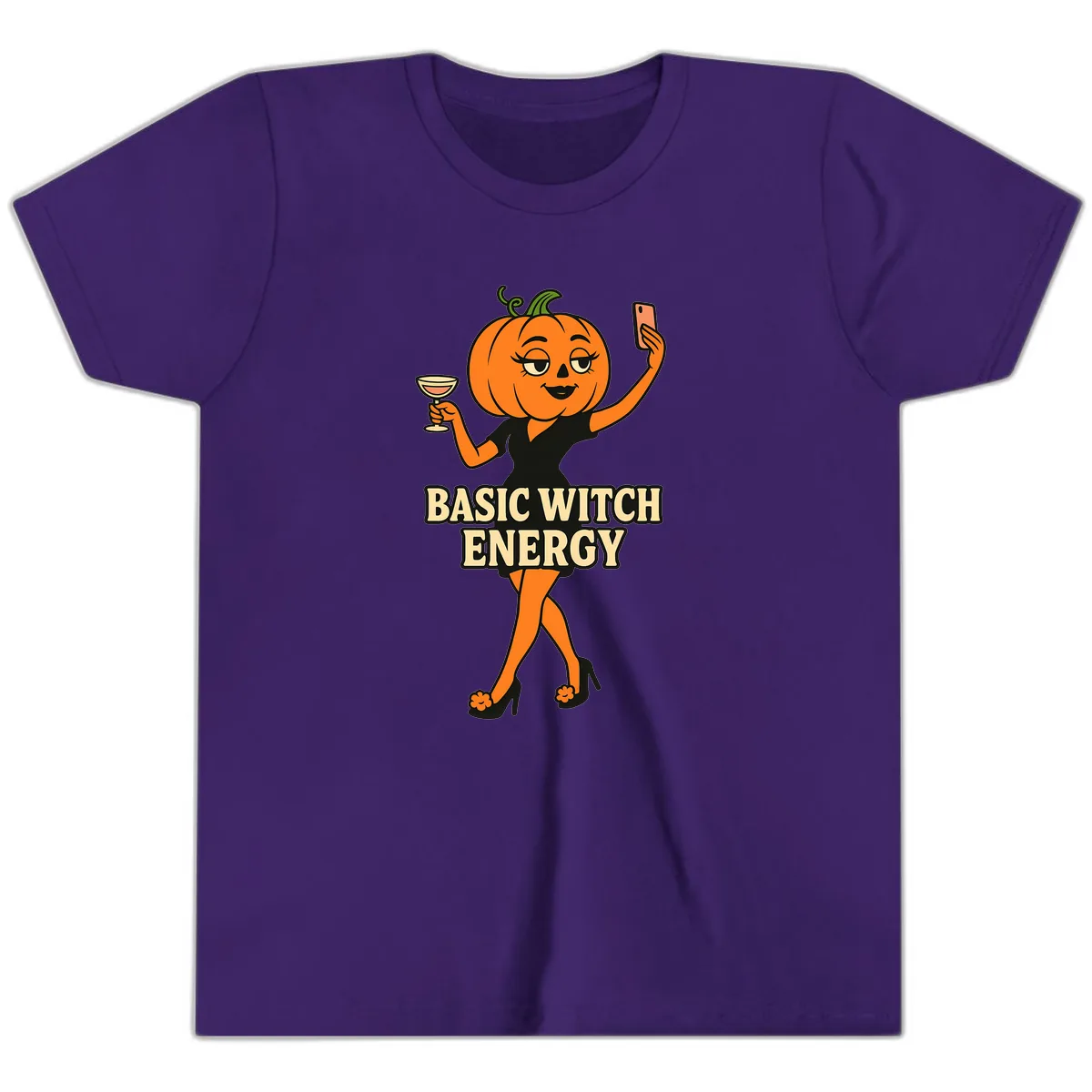 Basic Witch Energy Pumpkin Halloween Youth T-Shirt in Team Purple