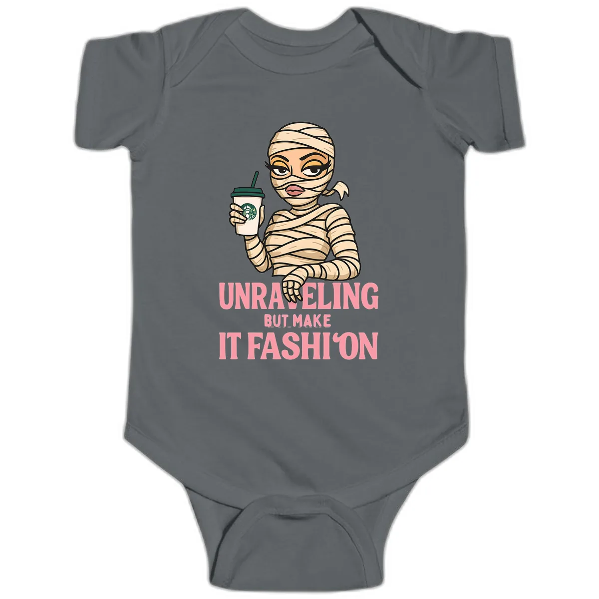 Unraveling But Make It Fashion Baby Onesie in Charcoal