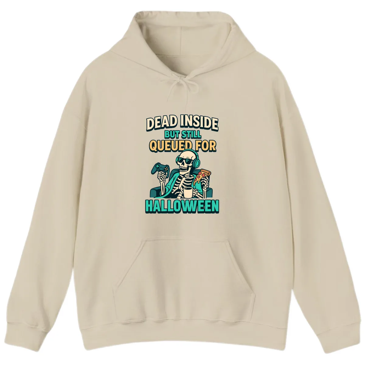 Dead Inside Halloween Gamer Skeleton Hoodie in Sand