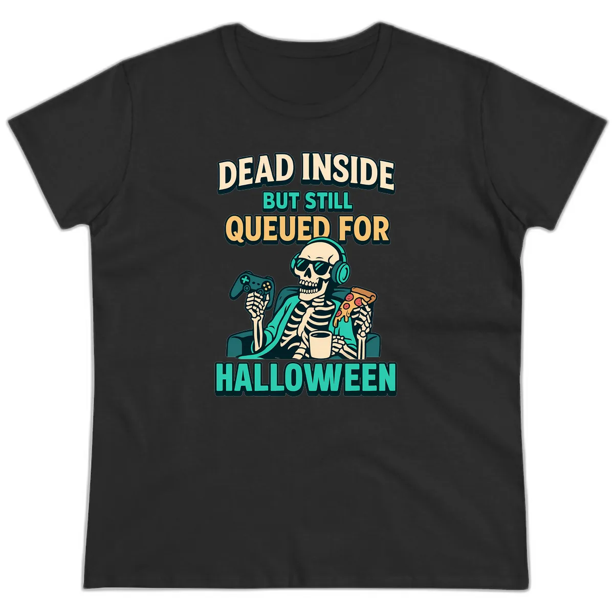 Dead Inside Halloween Gamer Skeleton Ladies Tee in Black