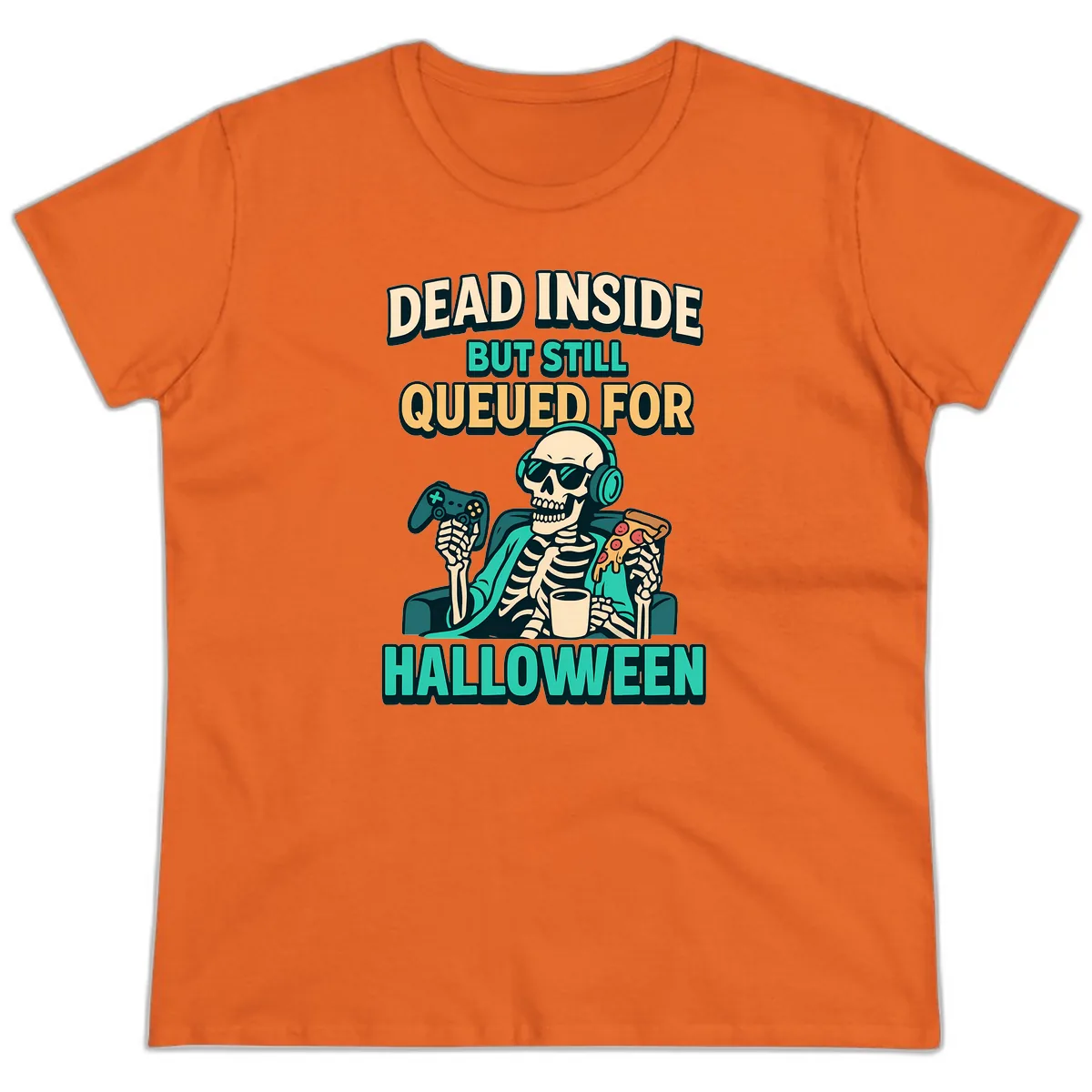 Dead Inside Halloween Gamer Skeleton Ladies Tee in Orange
