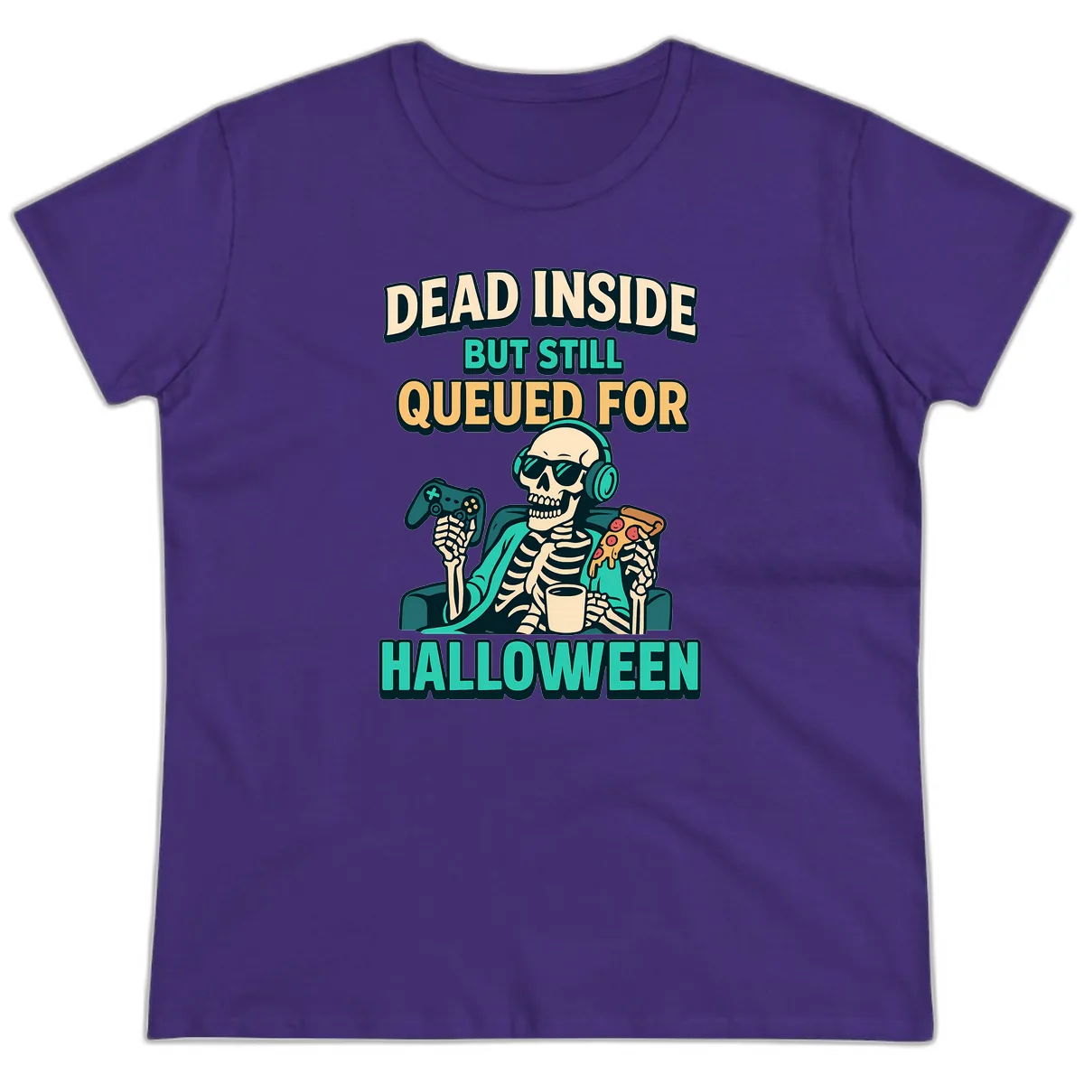 Dead Inside Halloween Gamer Skeleton Ladies Tee in Purple