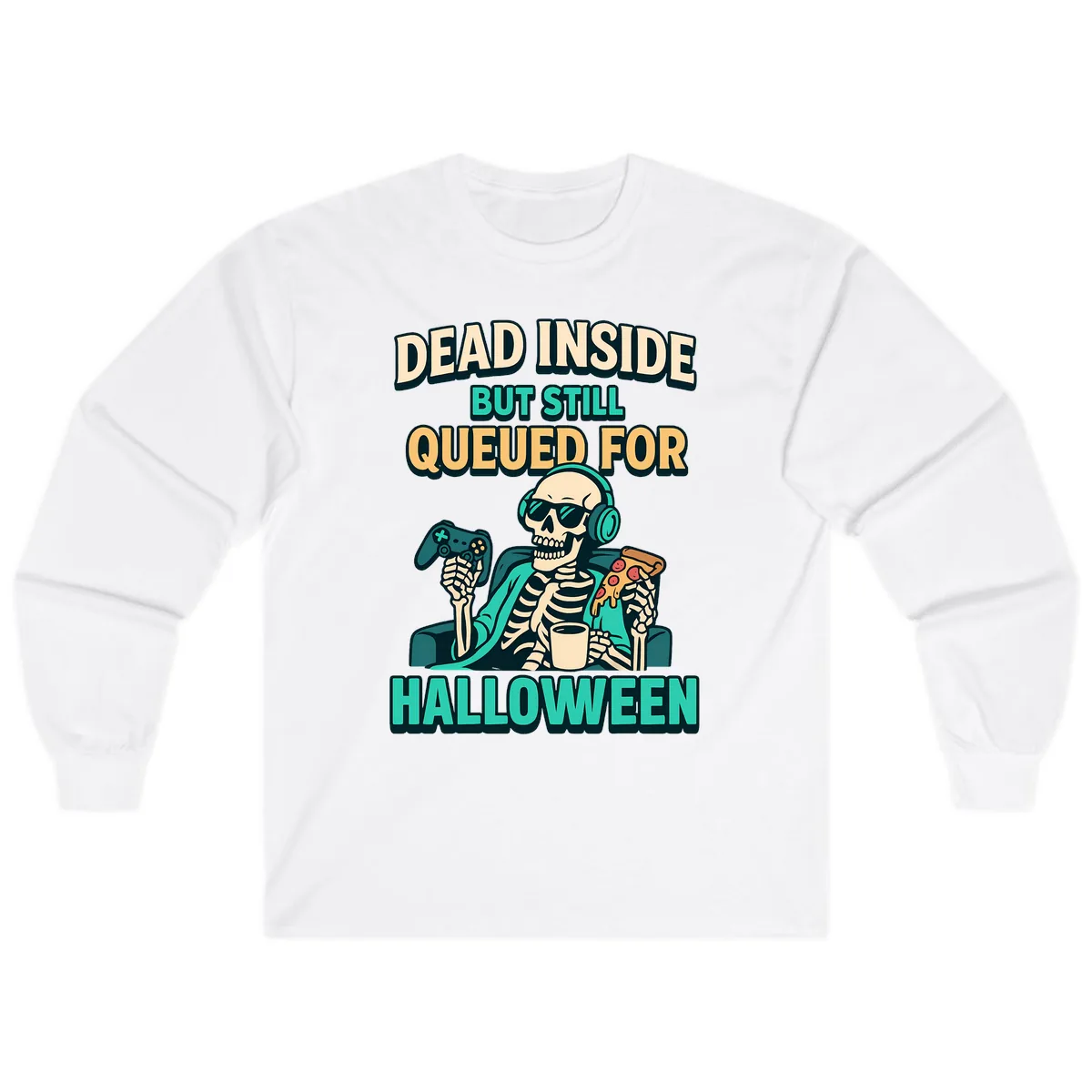 Dead Inside Halloween Gamer Skeleton Long Sleeve in White