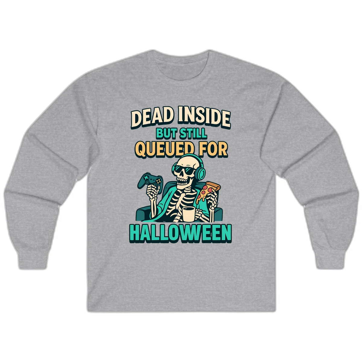 Dead Inside Halloween Gamer Skeleton Long Sleeve in Sport Grey