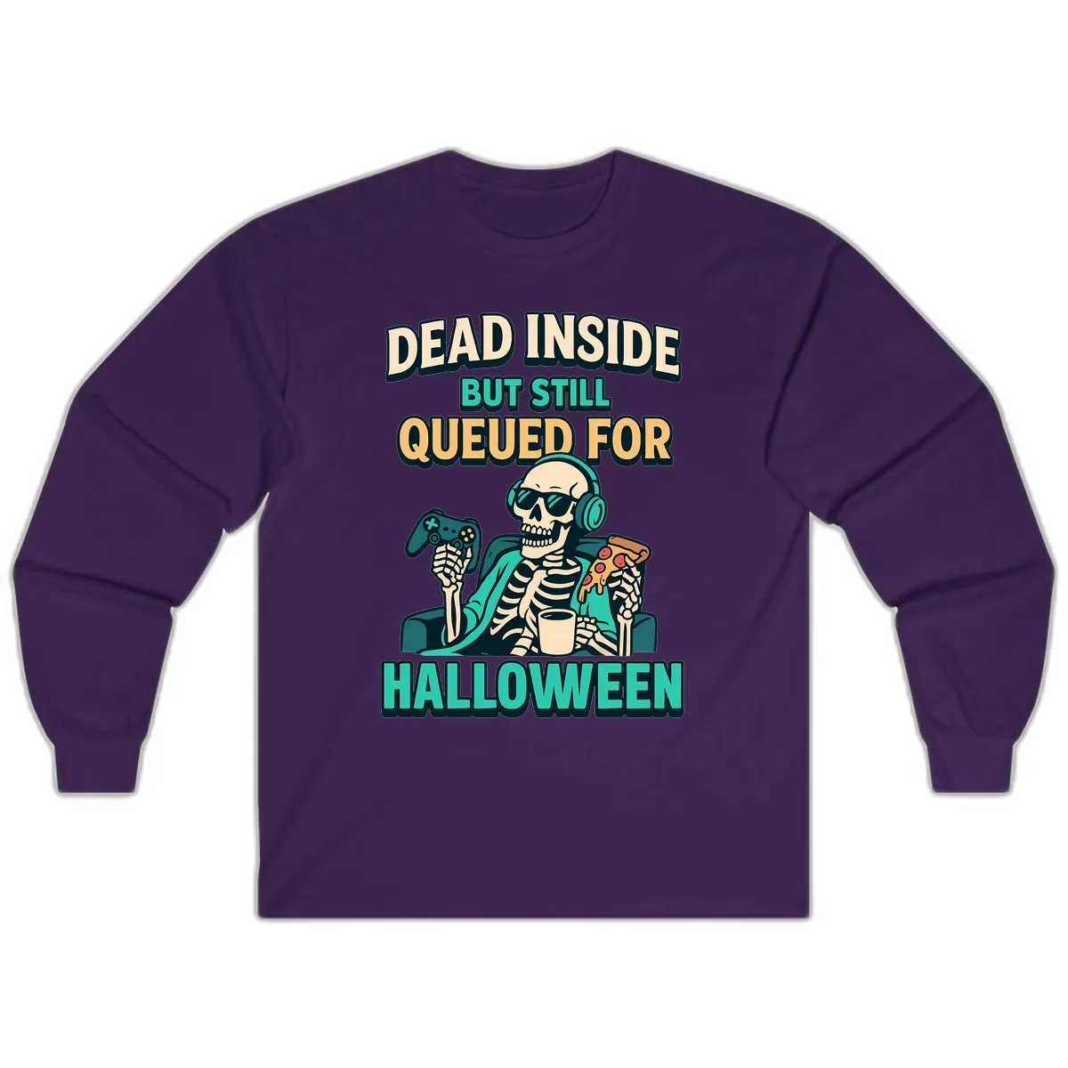 Dead Inside Halloween Gamer Skeleton Long Sleeve in Purple