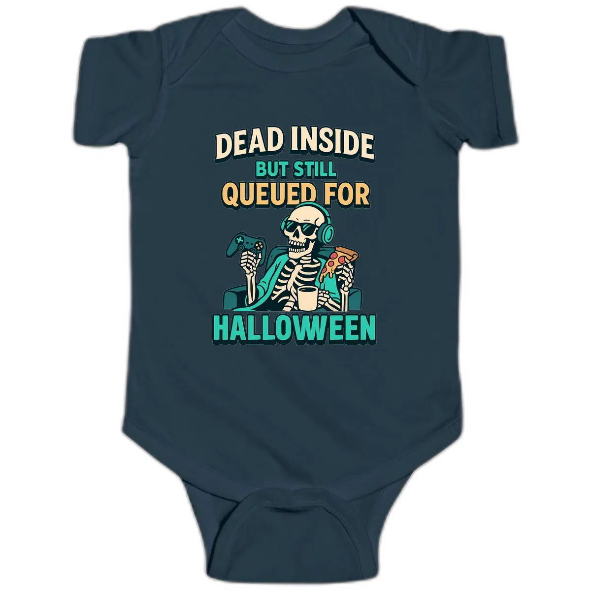 Dead Inside Halloween Gamer Skeleton Baby Onesie in Navy