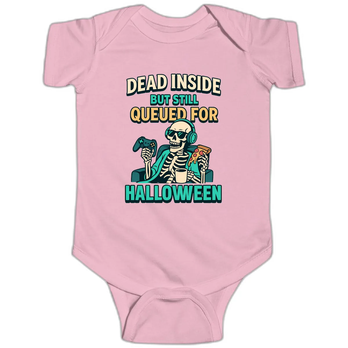 Dead Inside Halloween Gamer Skeleton Baby Onesie in Pink