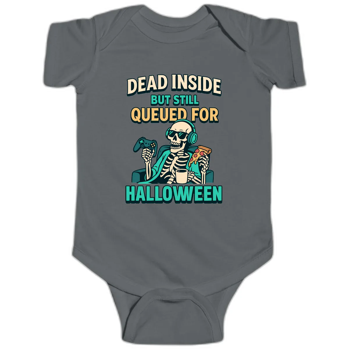 Dead Inside Halloween Gamer Skeleton Baby Onesie in Charcoal