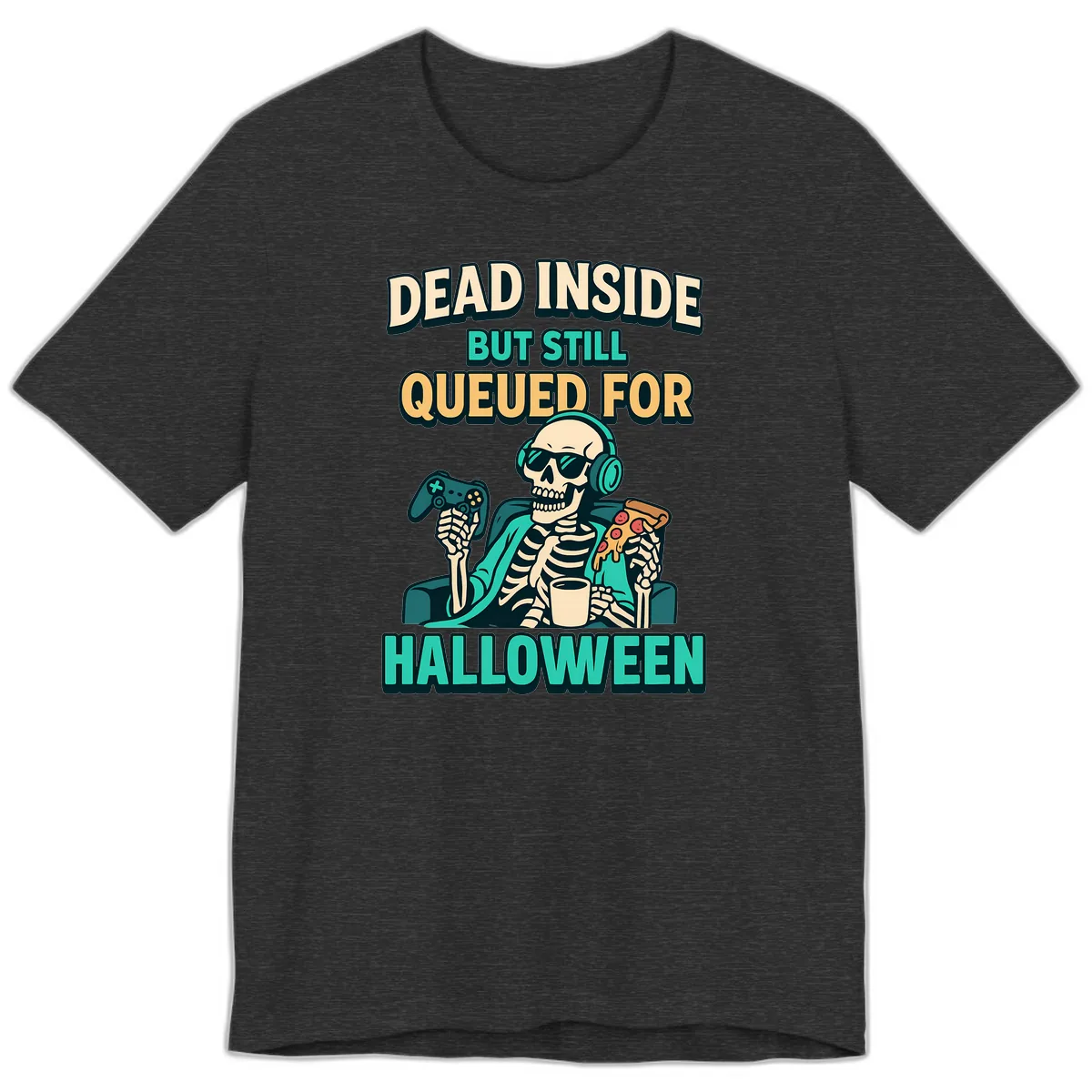 Dead Inside Halloween Gamer Skeleton Premium T-Shirt in Dark Grey Heather