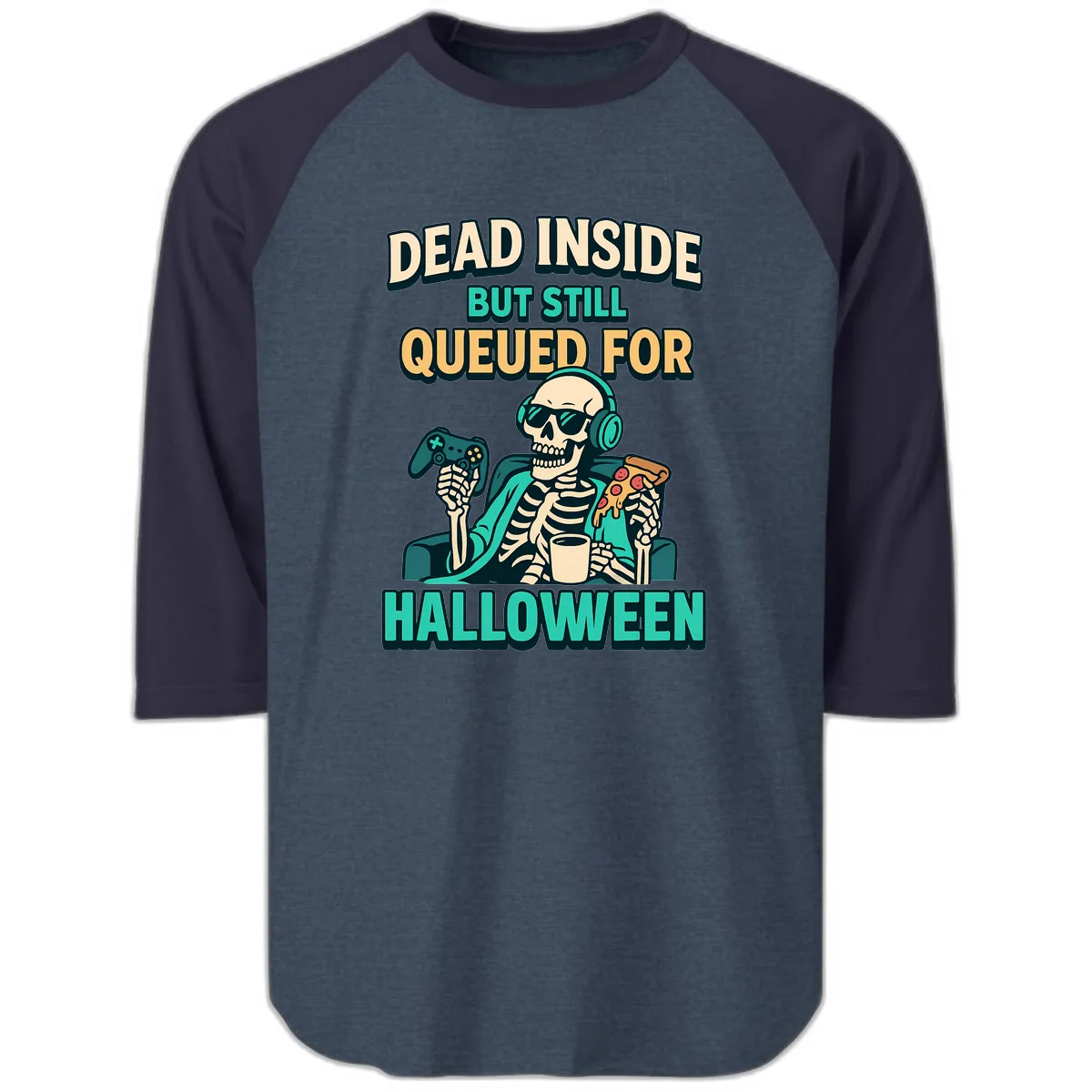 Dead Inside Halloween Gamer Skeleton Raglan 3/4 in Heather Denim Navy