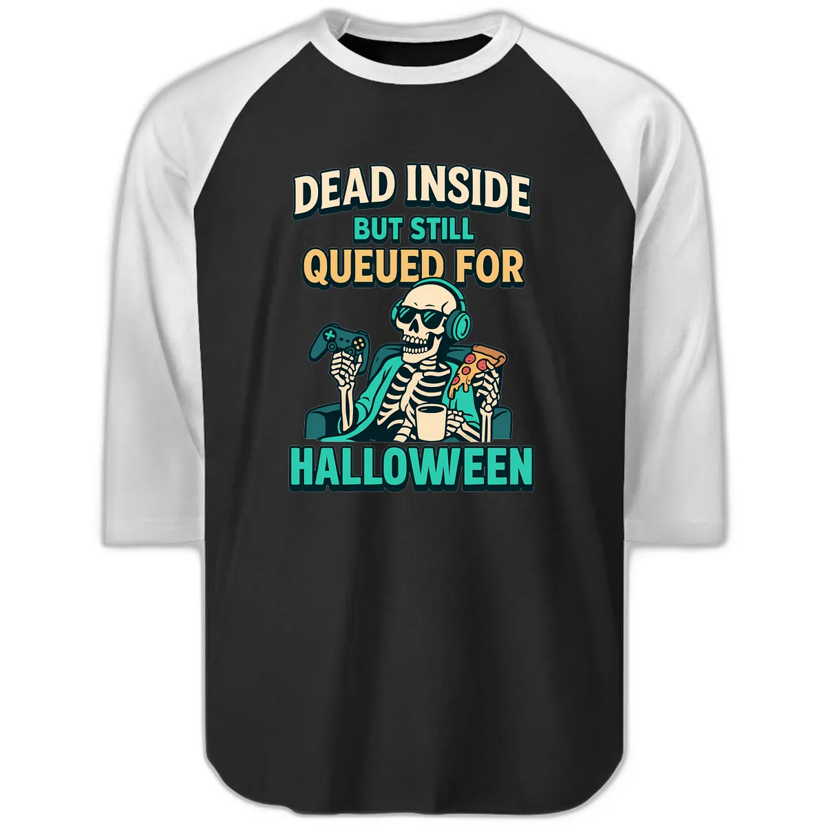 Dead Inside Halloween Gamer Skeleton Raglan 3/4 in Black White