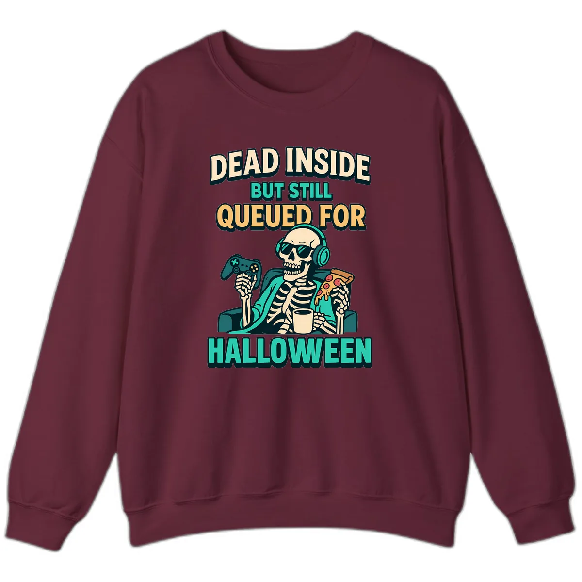 Dead Inside Halloween Gamer Skeleton Sweatshirt in Maroon