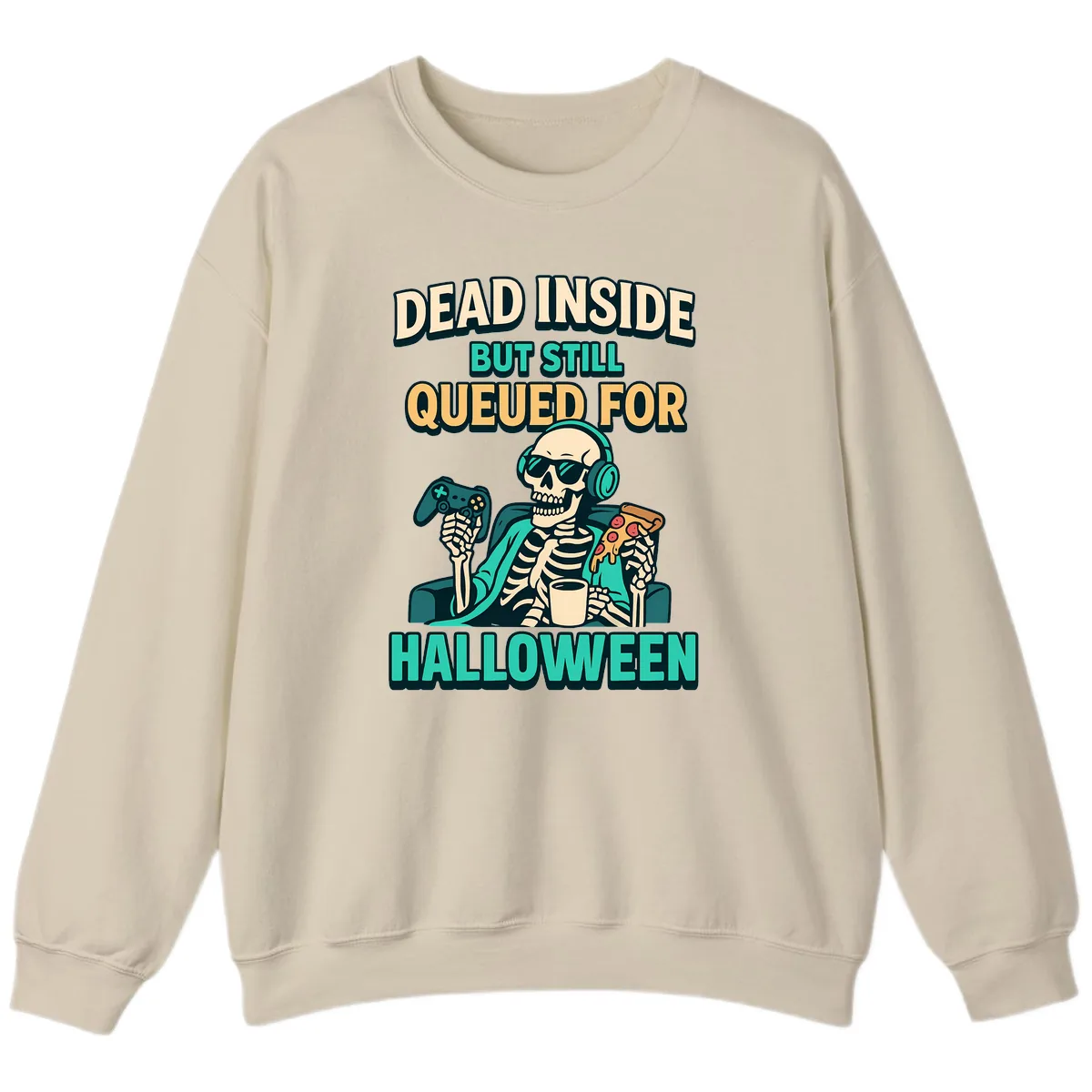 Dead Inside Halloween Gamer Skeleton Sweatshirt in Sand