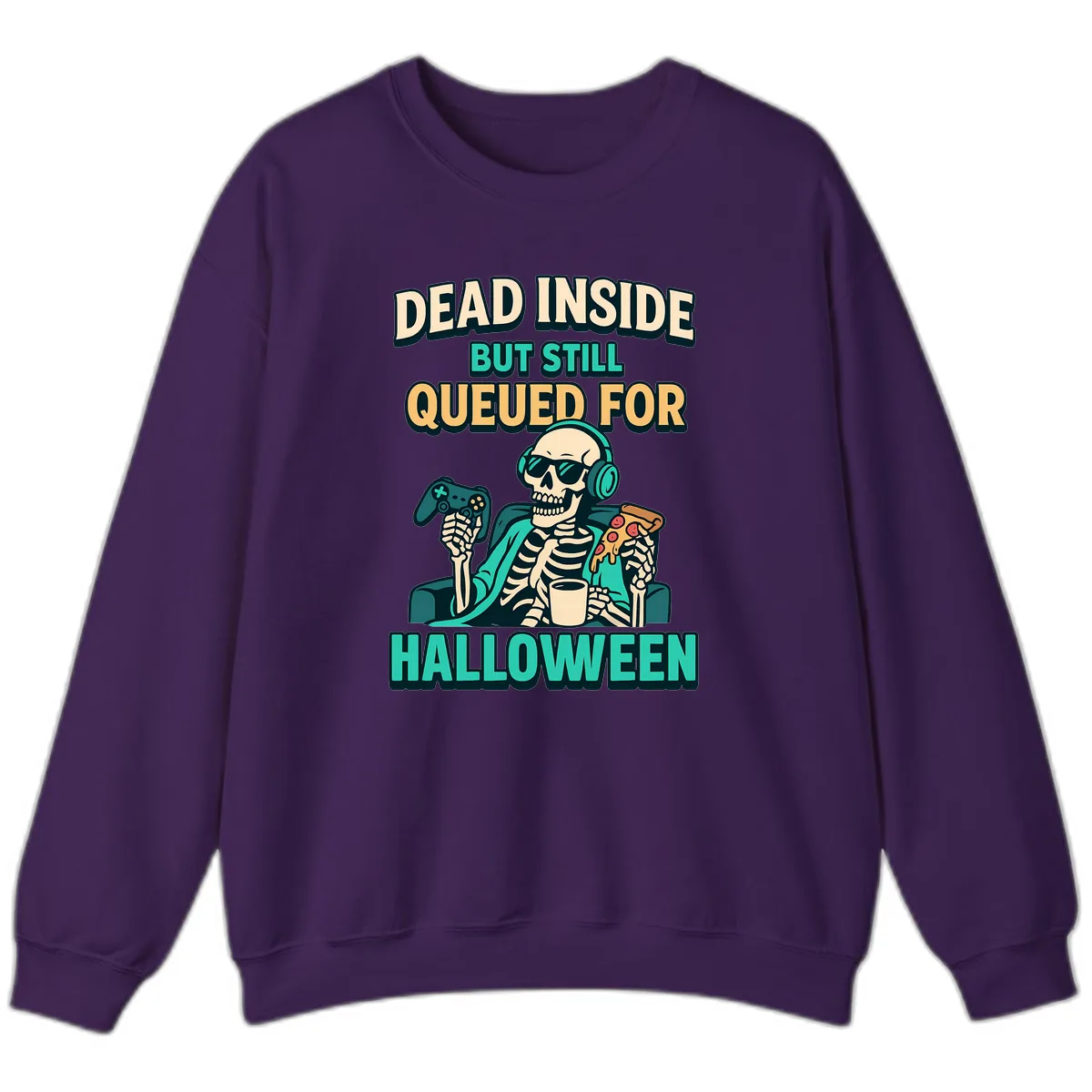 Dead Inside Halloween Gamer Skeleton Sweatshirt in Purple
