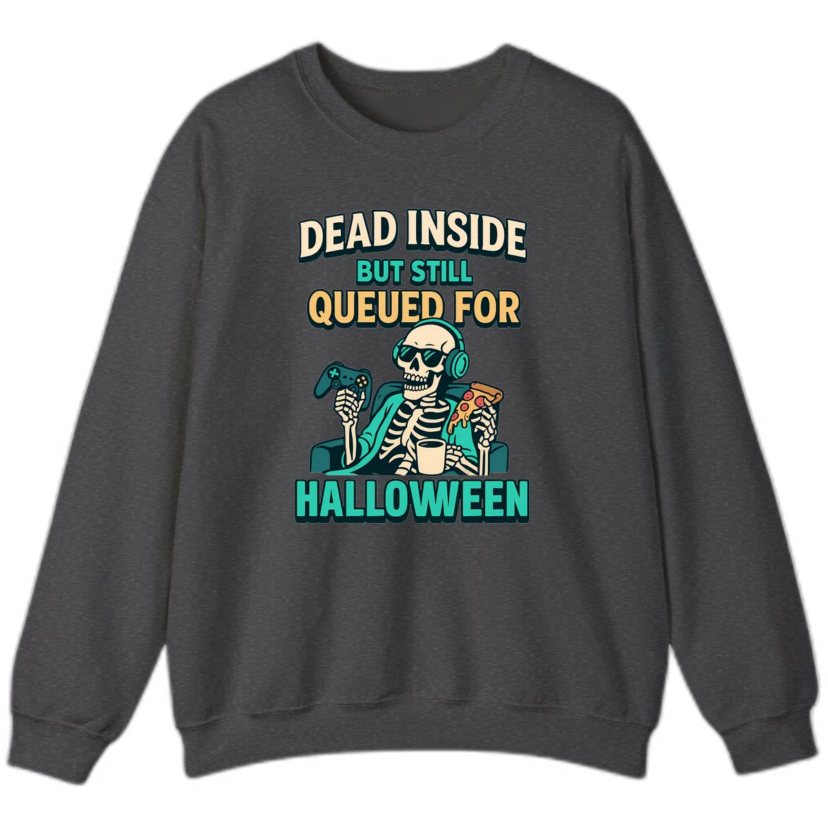 Dead Inside Halloween Gamer Skeleton Sweatshirt in Dark Heather