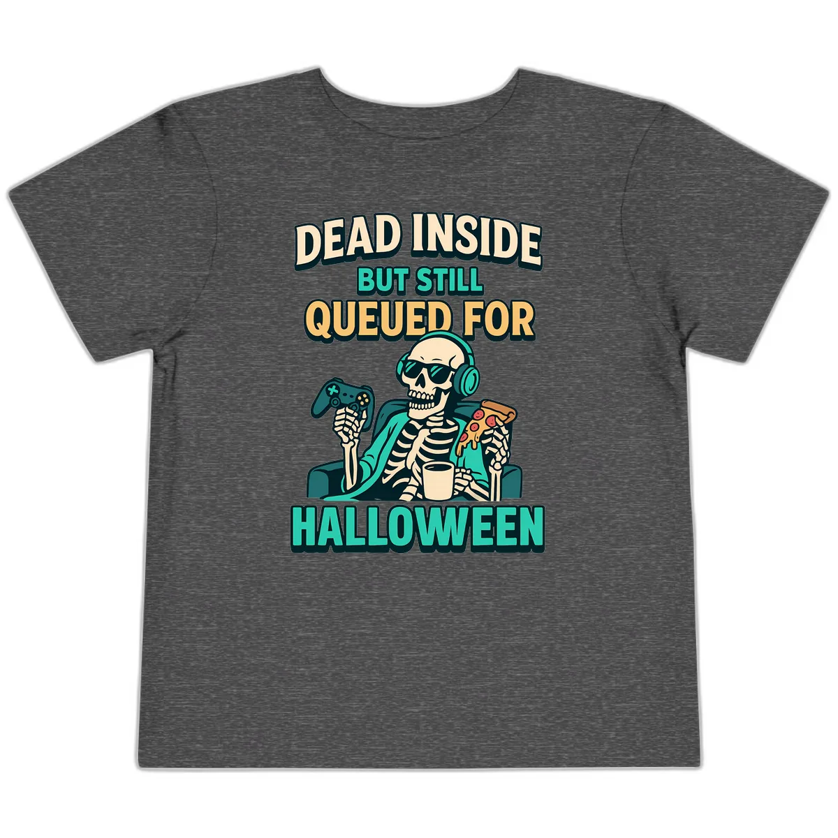 Dead Inside Halloween Gamer Skeleton Toddler T-Shirt in Dark Heather Grey