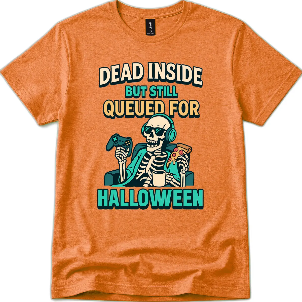 Dead Inside Halloween Gamer Skeleton T-Shirt in Heather Orange