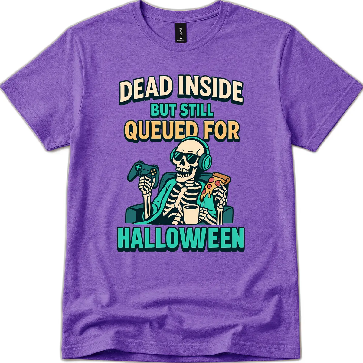 Dead Inside Halloween Gamer Skeleton T-Shirt in Heather Purple