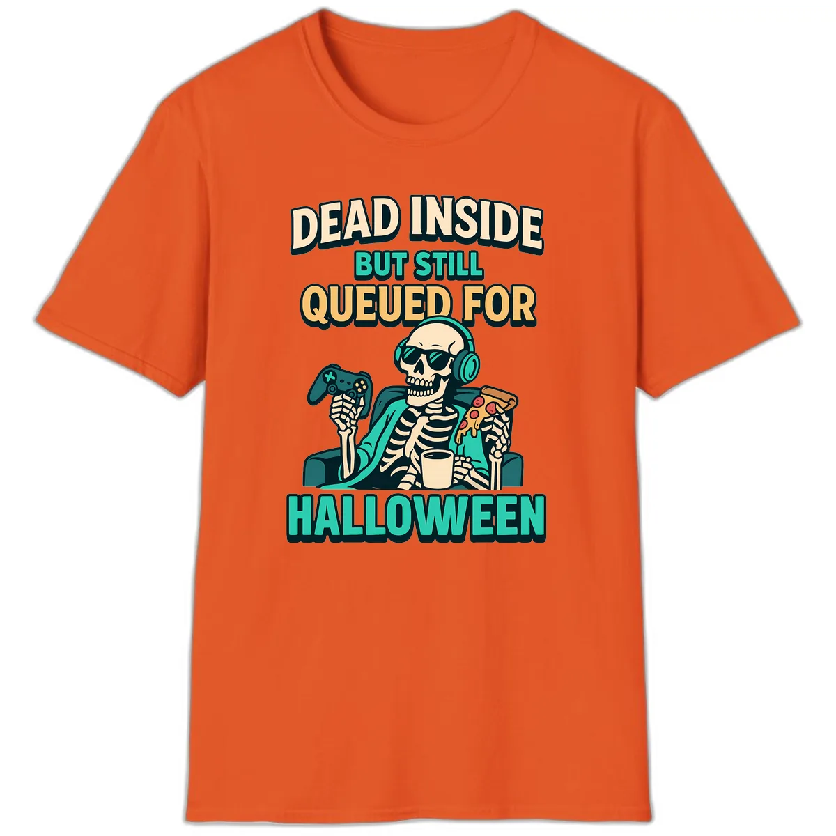 Dead Inside Halloween Gamer Skeleton T-Shirt in Orange