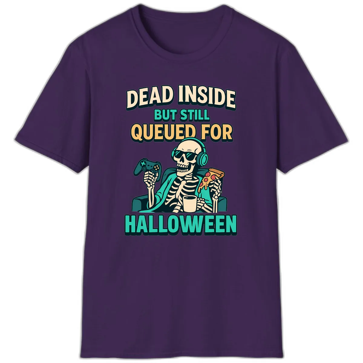 Dead Inside Halloween Gamer Skeleton T-Shirt in Purple