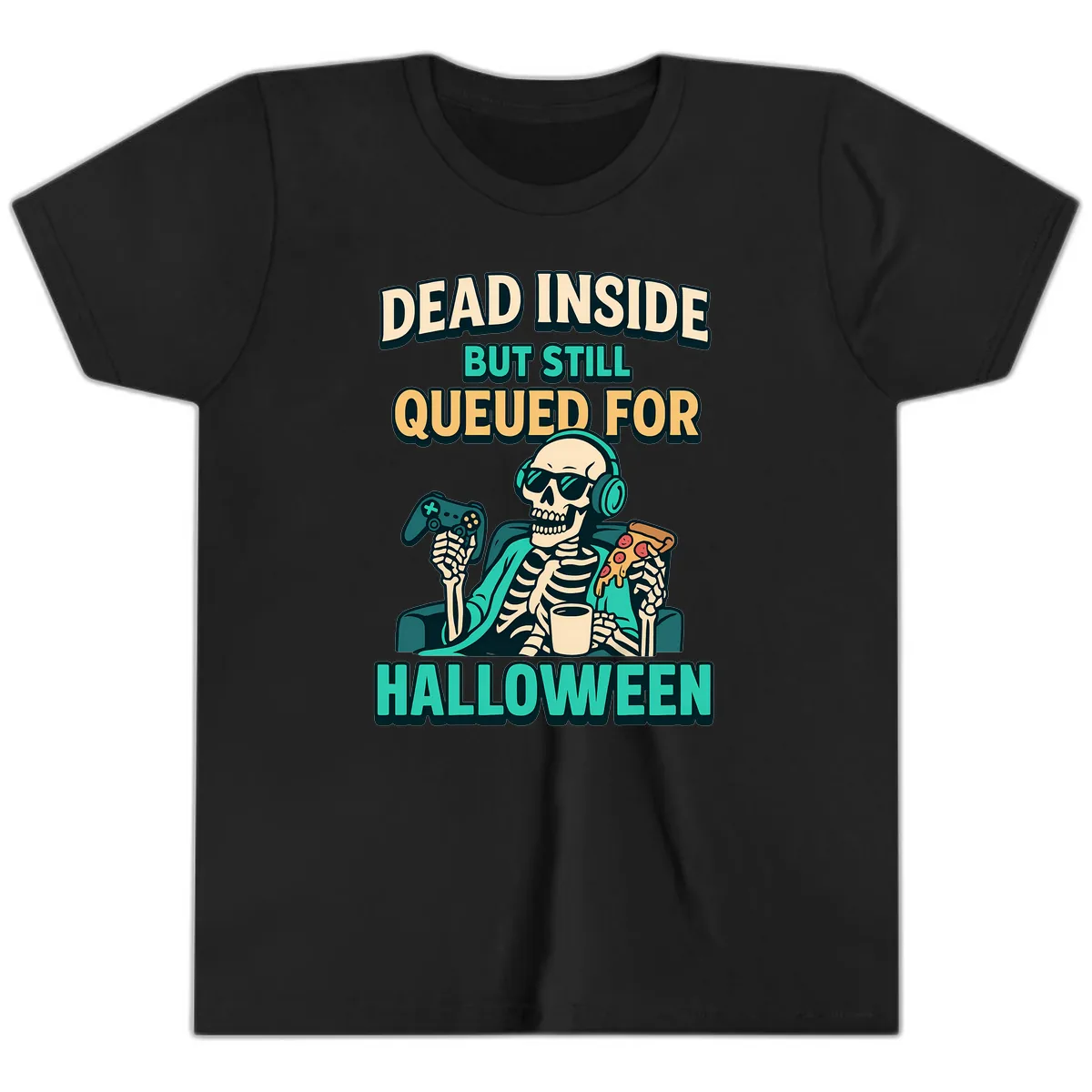 Dead Inside Halloween Gamer Skeleton Youth T-Shirt in Black