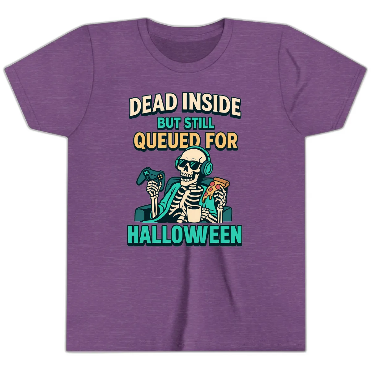 Dead Inside Halloween Gamer Skeleton Youth T-Shirt in Heather Team Purple