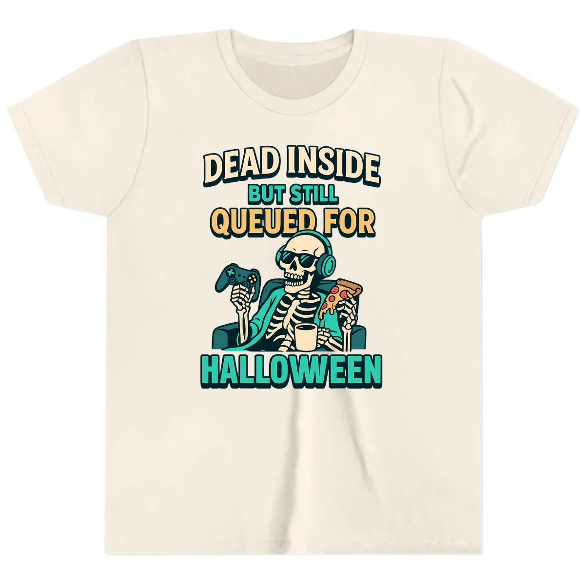 Dead Inside Halloween Gamer Skeleton Youth T-Shirt in Natural