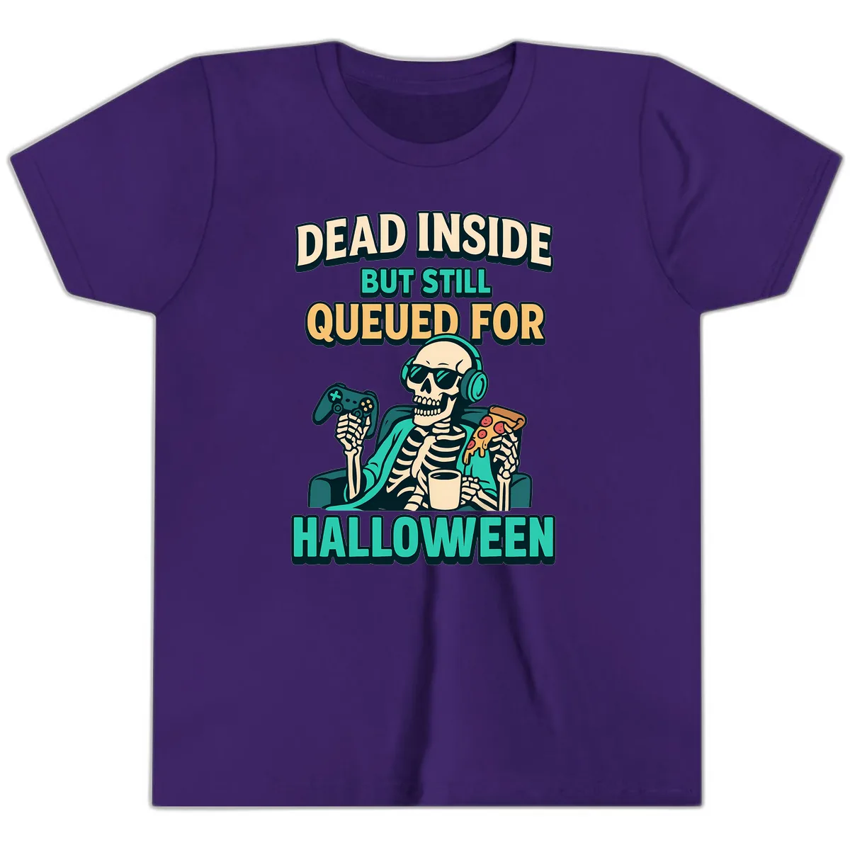 Dead Inside Halloween Gamer Skeleton Youth T-Shirt in Team Purple