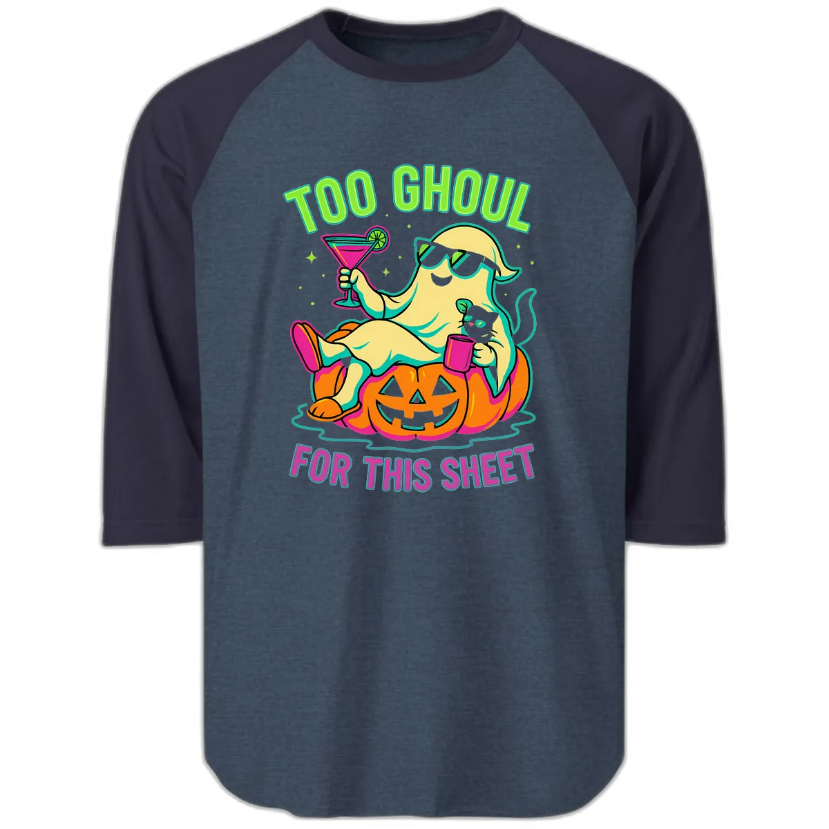 Too Ghoul For This Sheet Raglan 3/4 in Heather Denim Navy