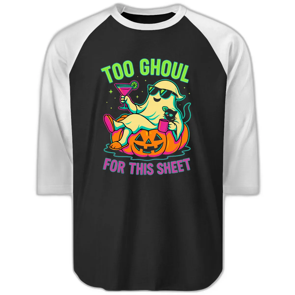 Too Ghoul For This Sheet Raglan 3/4 in Black White