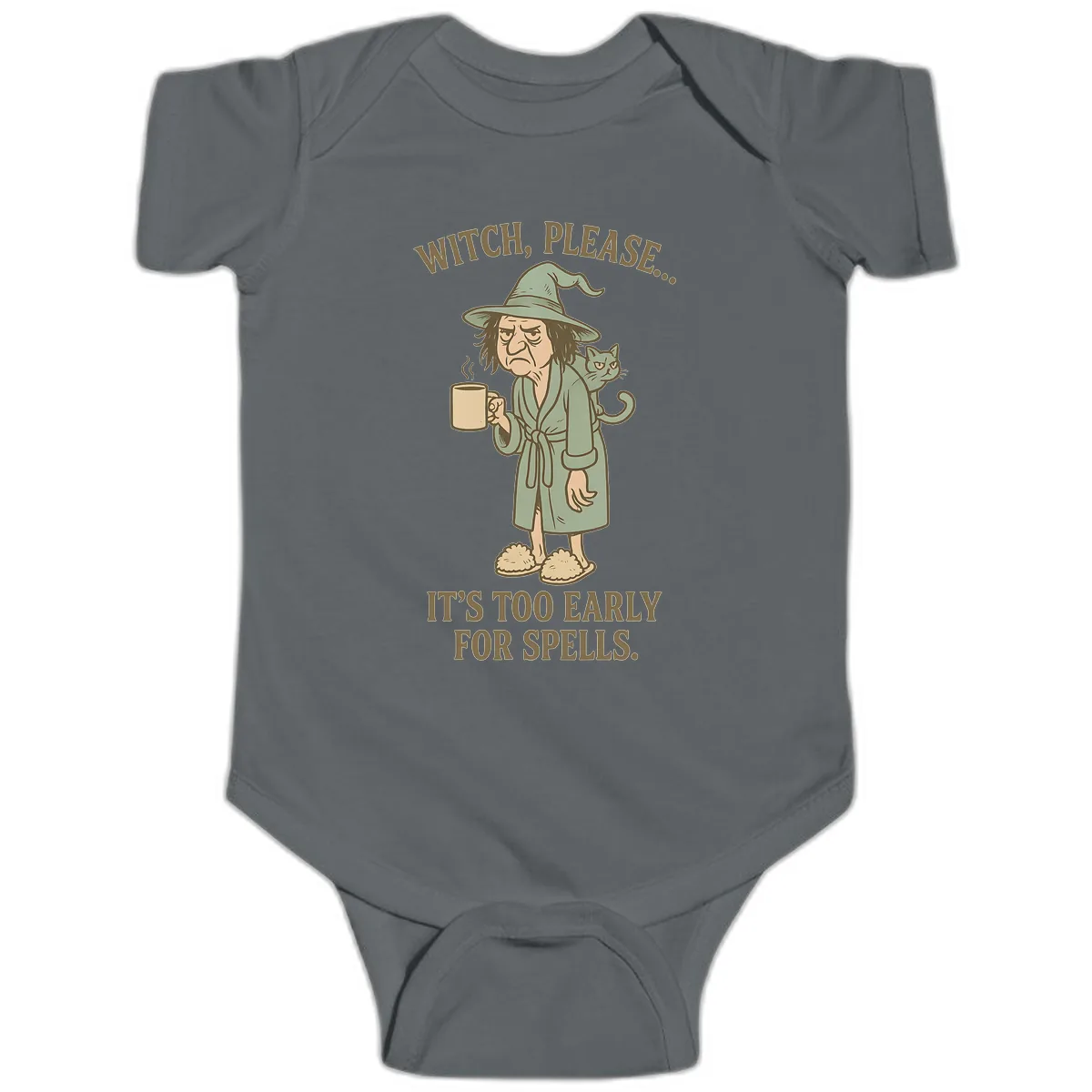 Witch, Please It's Too Early For Spells Baby Onesie in Charcoal