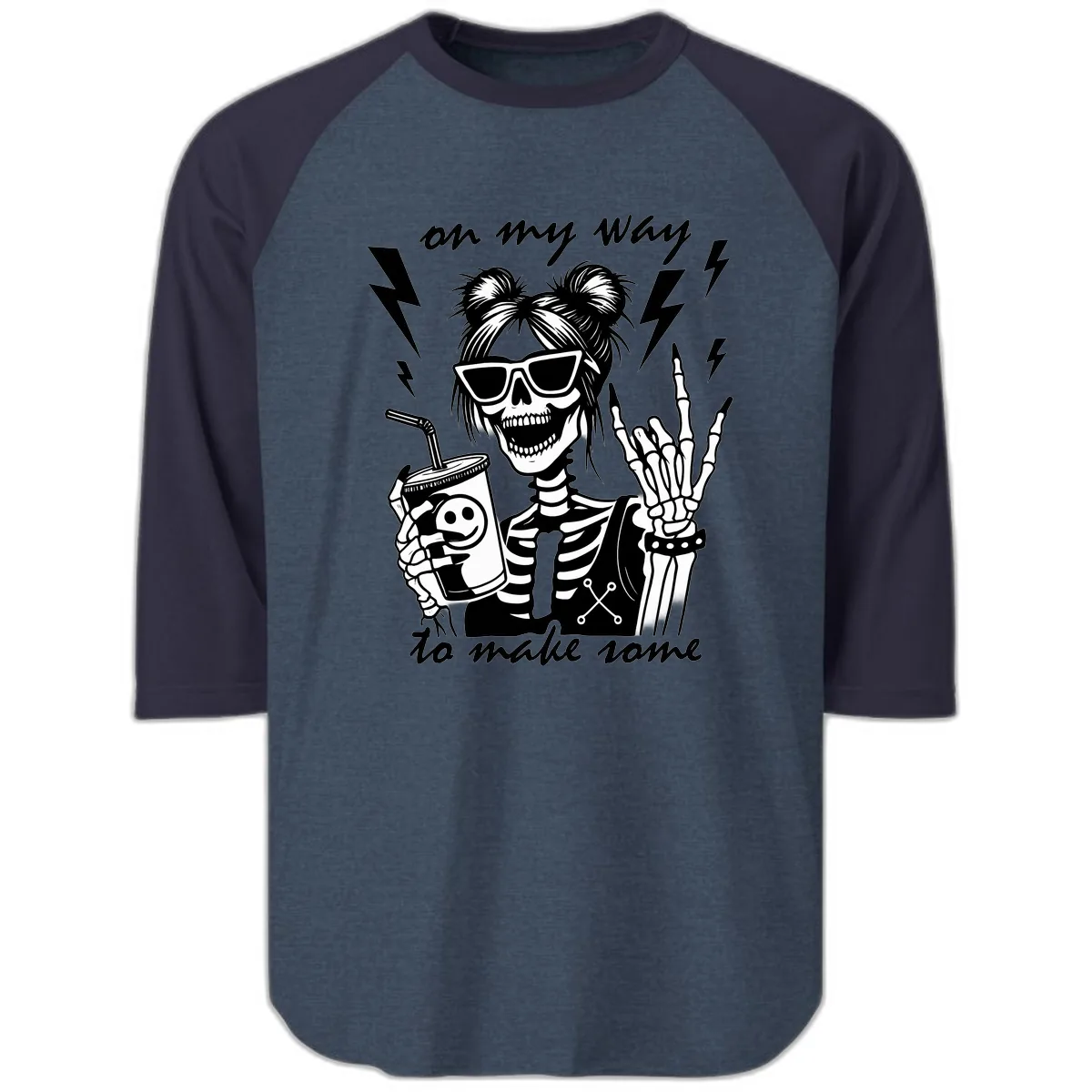Skeleton Rocker On My Way To Make Some Raglan 3/4 in Heather Denim Navy