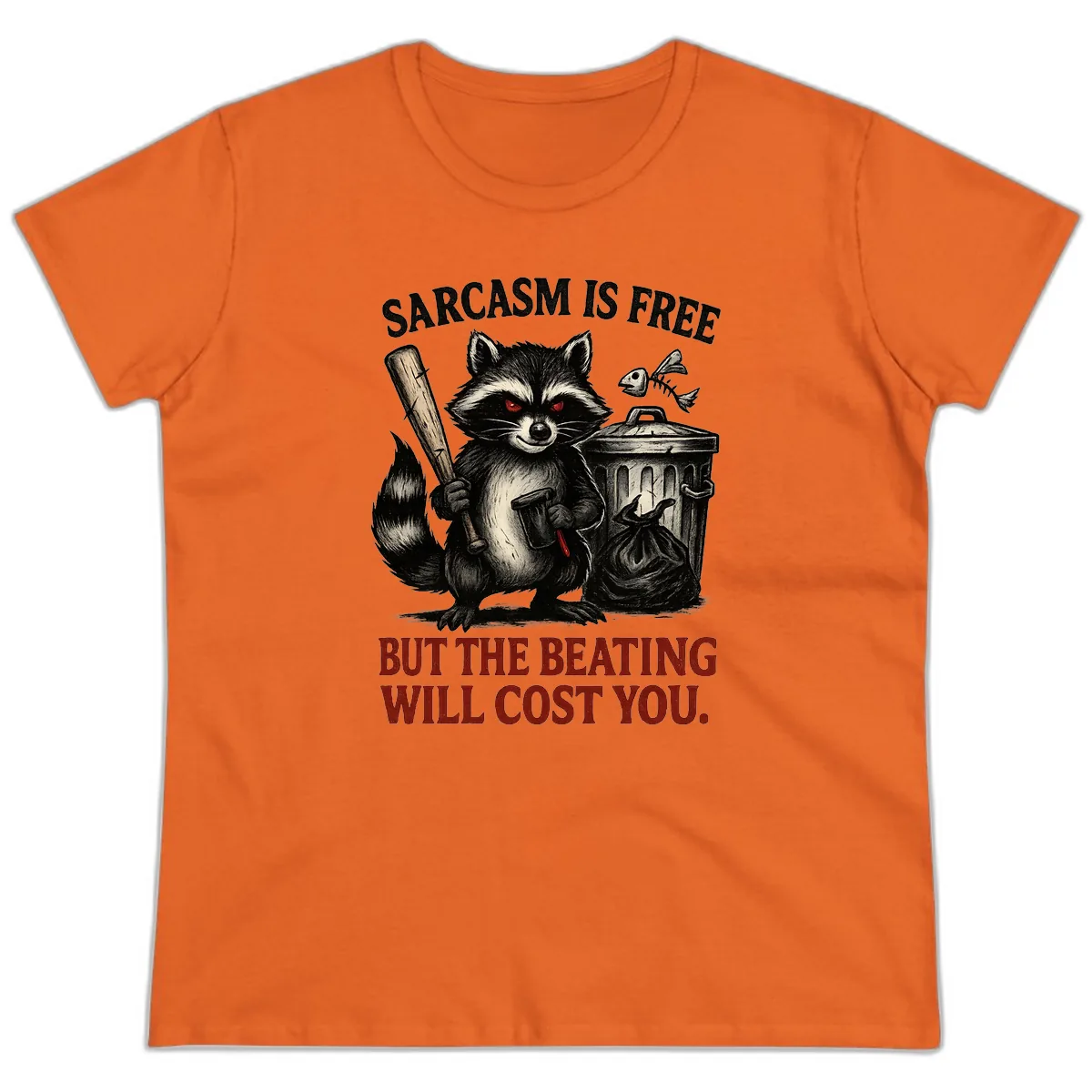 Sarcastic Raccoon Threat Ladies Tee in Orange
