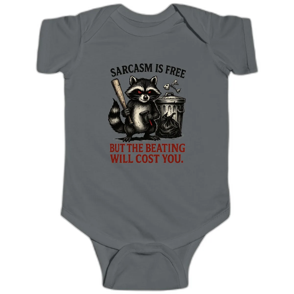 Sarcastic Raccoon Threat Baby Onesie in Charcoal