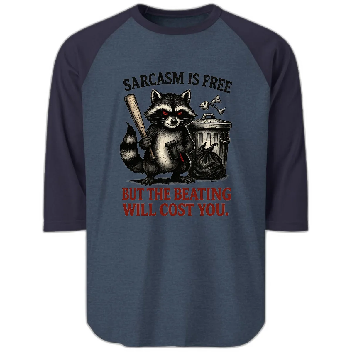 Sarcastic Raccoon Threat Raglan 3/4 in Heather Denim Navy