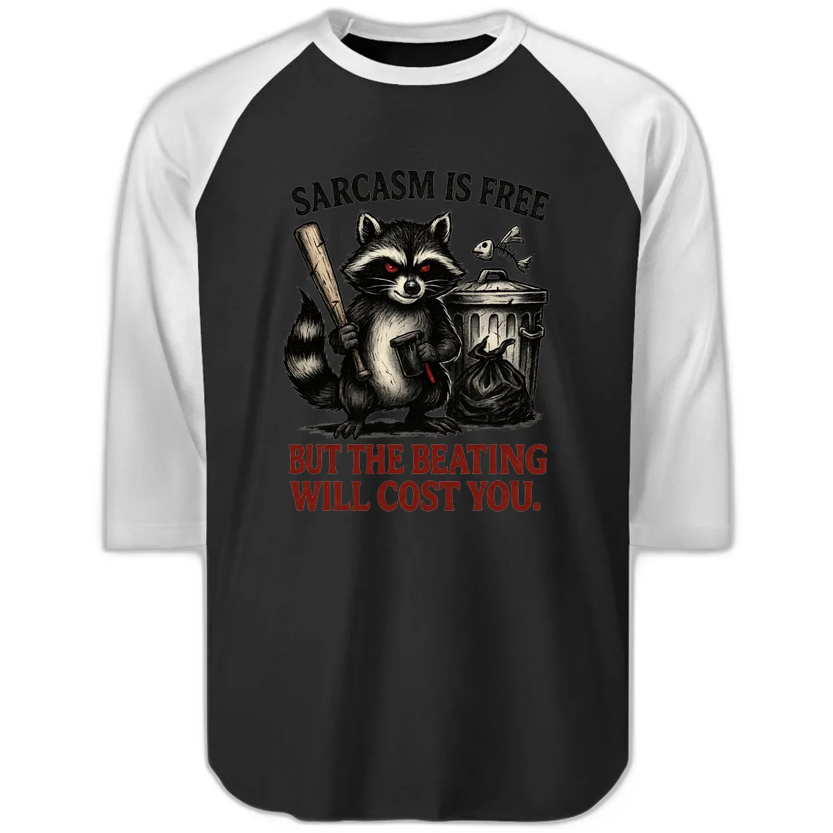 Sarcastic Raccoon Threat Raglan 3/4 in Black White