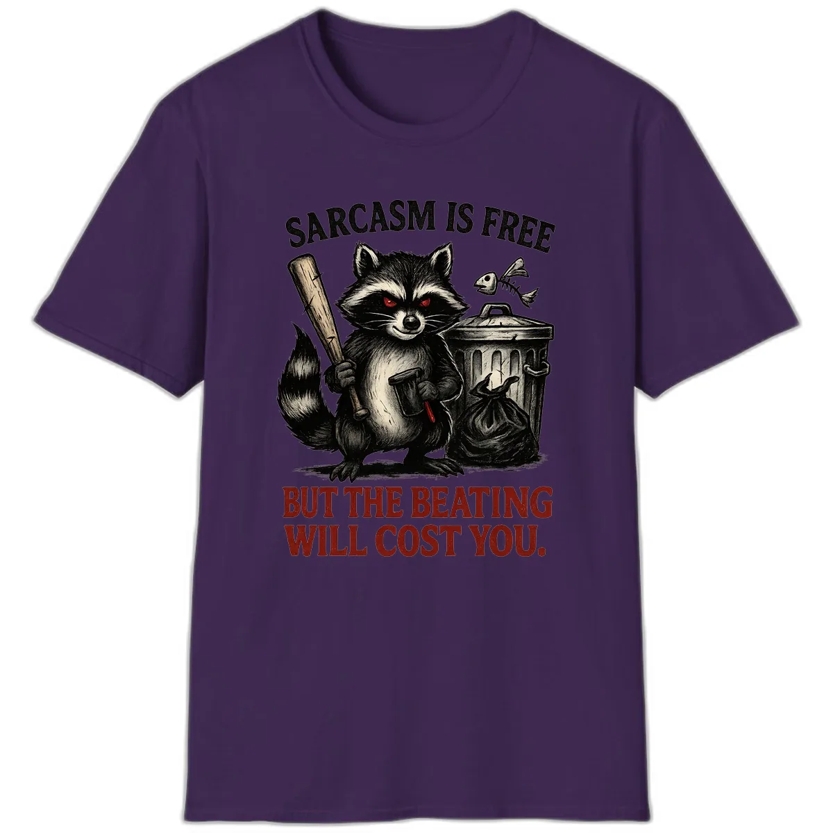 Sarcastic Raccoon Threat T-Shirt in Purple