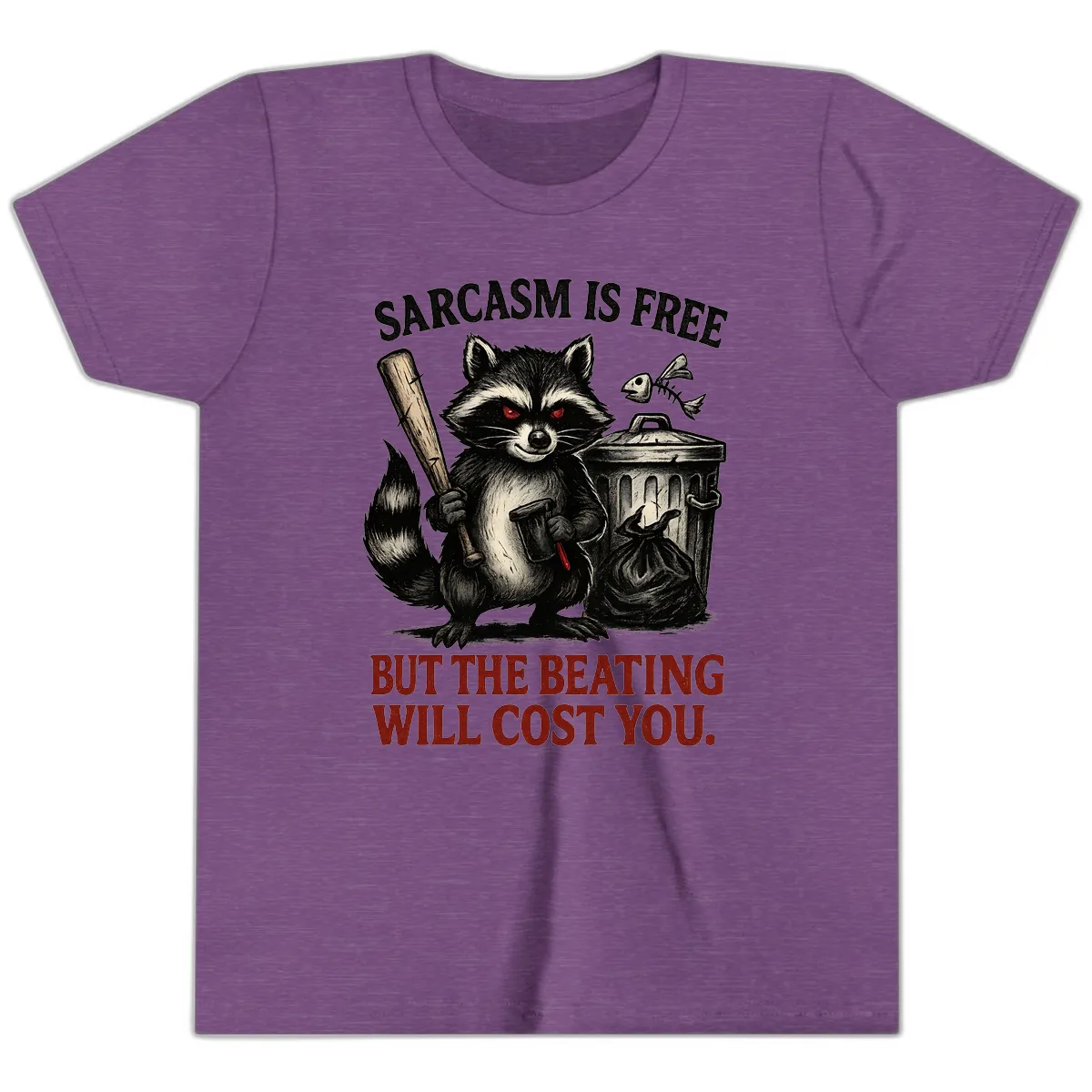 Sarcastic Raccoon Threat Youth T-Shirt in Heather Team Purple